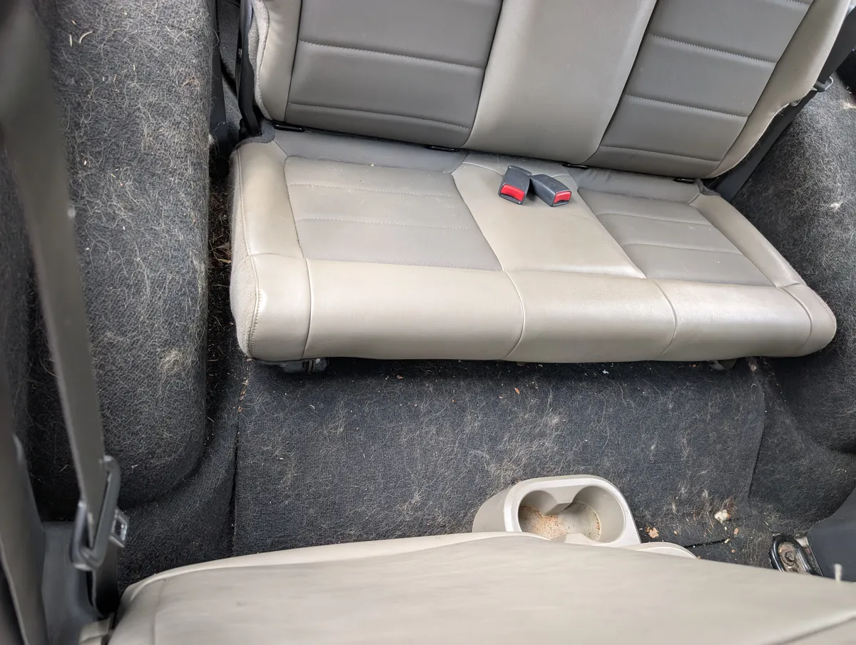 Jeep Wrangler rear cabin before detailing, with pale pet hair across dark carpet and side panels, loose debris, and dirty cupholders.